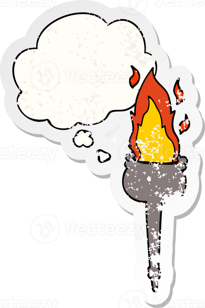 cartoon flaming chalice with thought bubble as a distressed worn sticker png