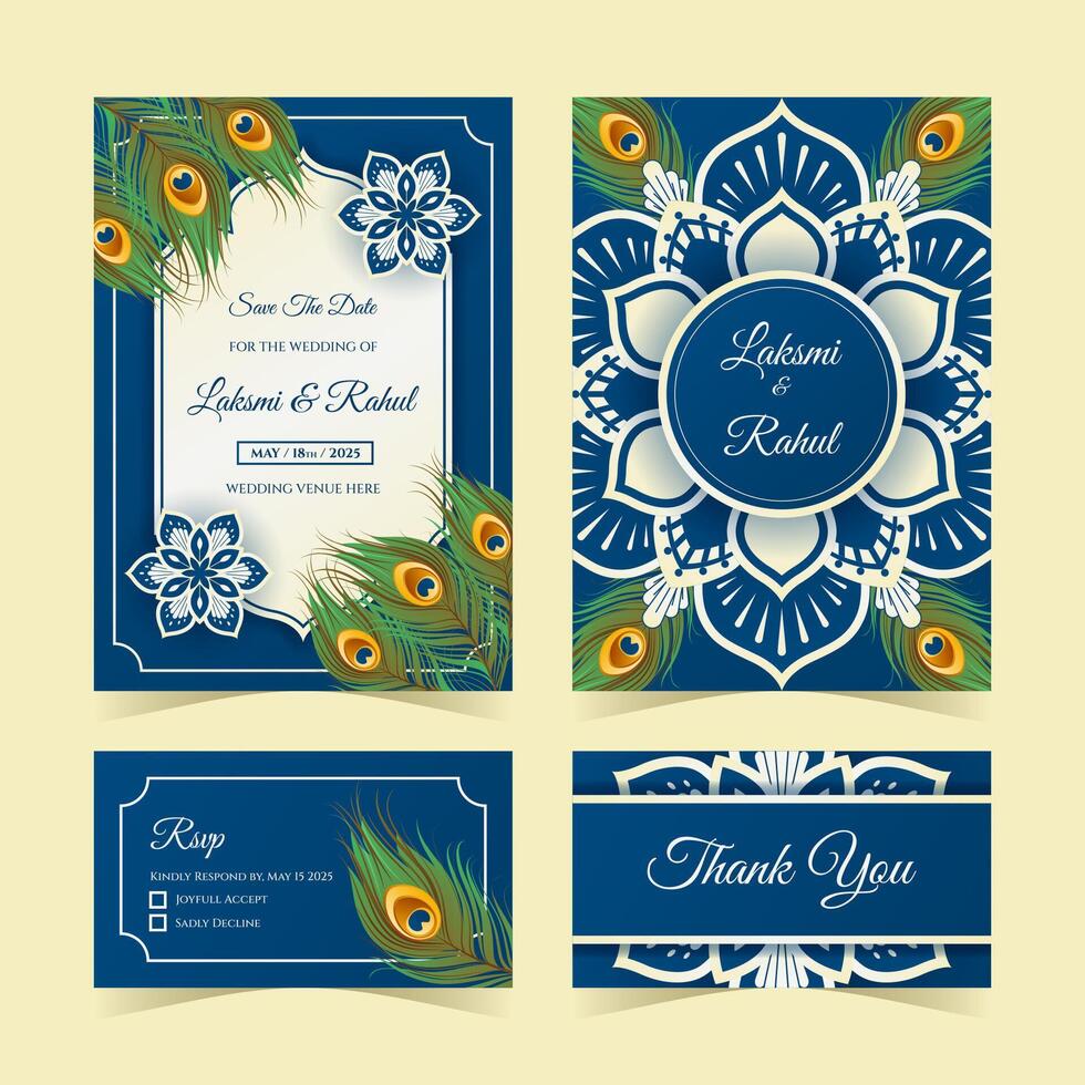 Indian Wedding Invitation Template with Peacock Feathers and Mandala vector
