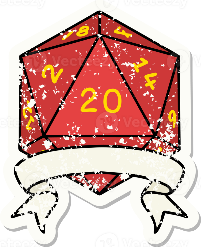 grunge sticker of a natural 20 critical hit D20 dice roll png
