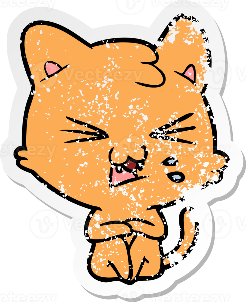 distressed sticker of a cartoon hissing cat png