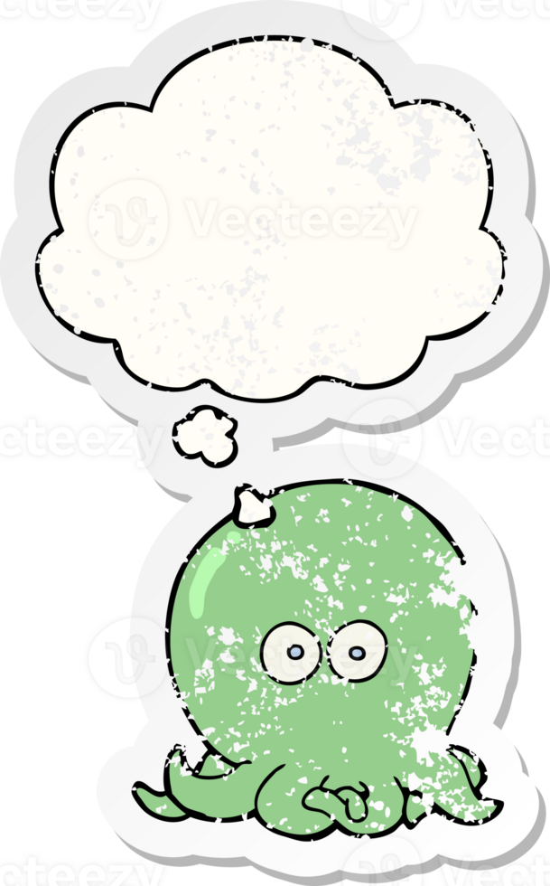 cartoon octopus with thought bubble as a distressed worn sticker png