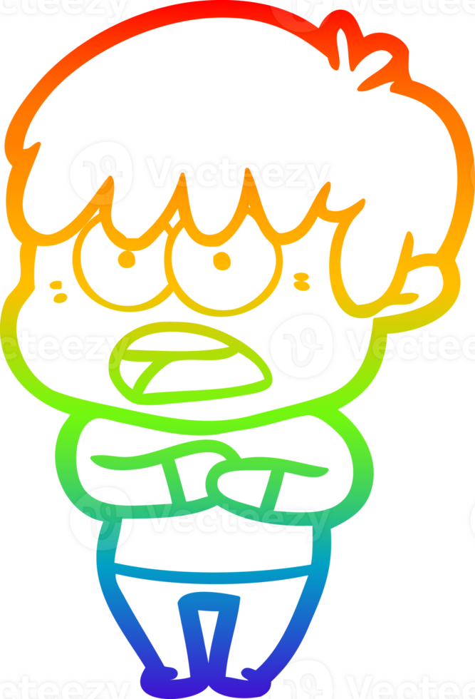 rainbow gradient line drawing of a worried cartoon boy png