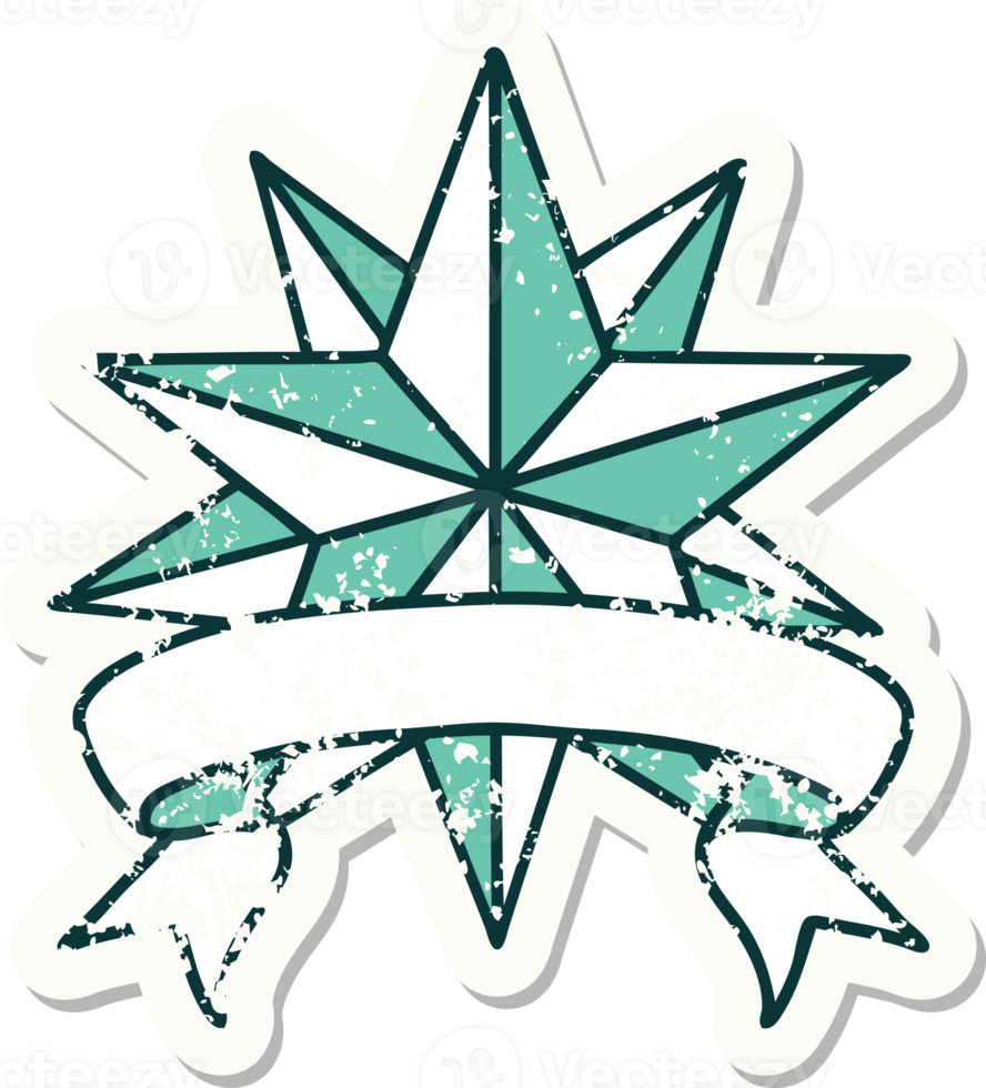 worn old sticker with banner of a star png