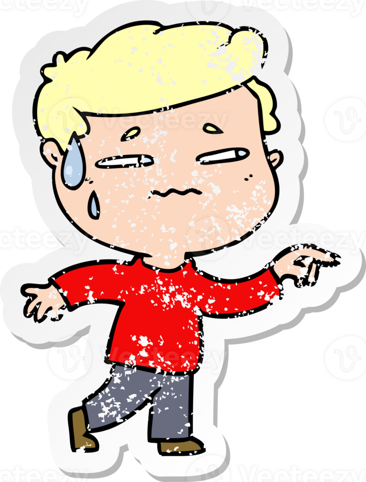 distressed sticker of a cartoon anxious man pointing png