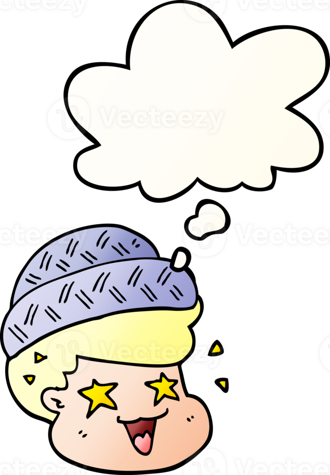 cartoon boy wearing hat with thought bubble in smooth gradient style png