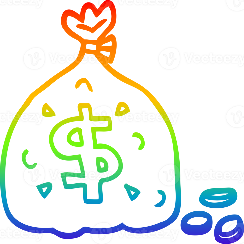 rainbow gradient line drawing of a cartoon bag of dollars png