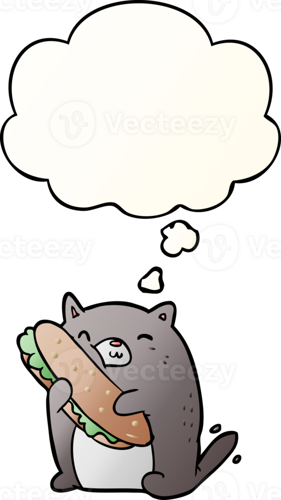 cartoon cat with sandwich with thought bubble in smooth gradient style png