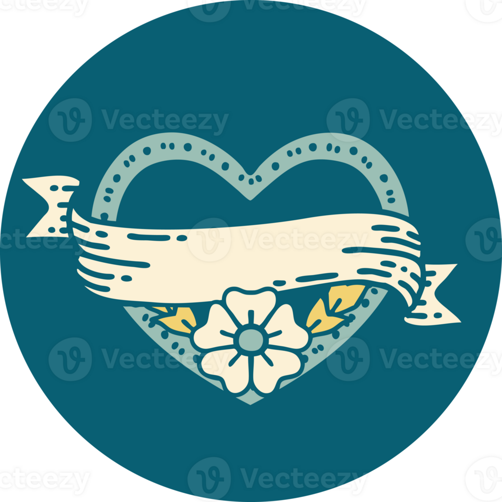 iconic tattoo style image of a heart and banner with flowers png