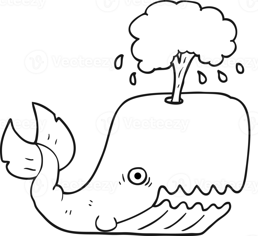hand drawn black and white cartoon whale spouting water png