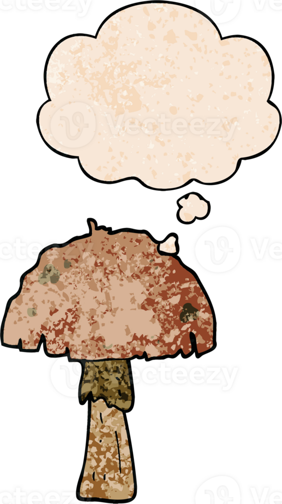 cartoon mushroom with thought bubble in grunge texture style png