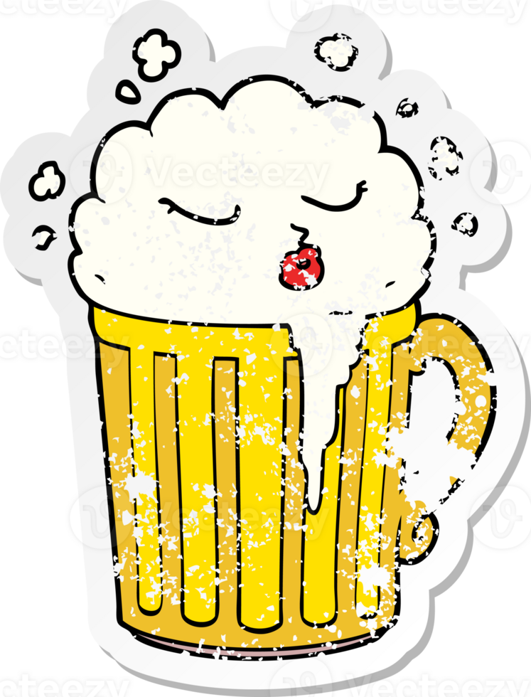 verontruste sticker van een cartoon mok bier png