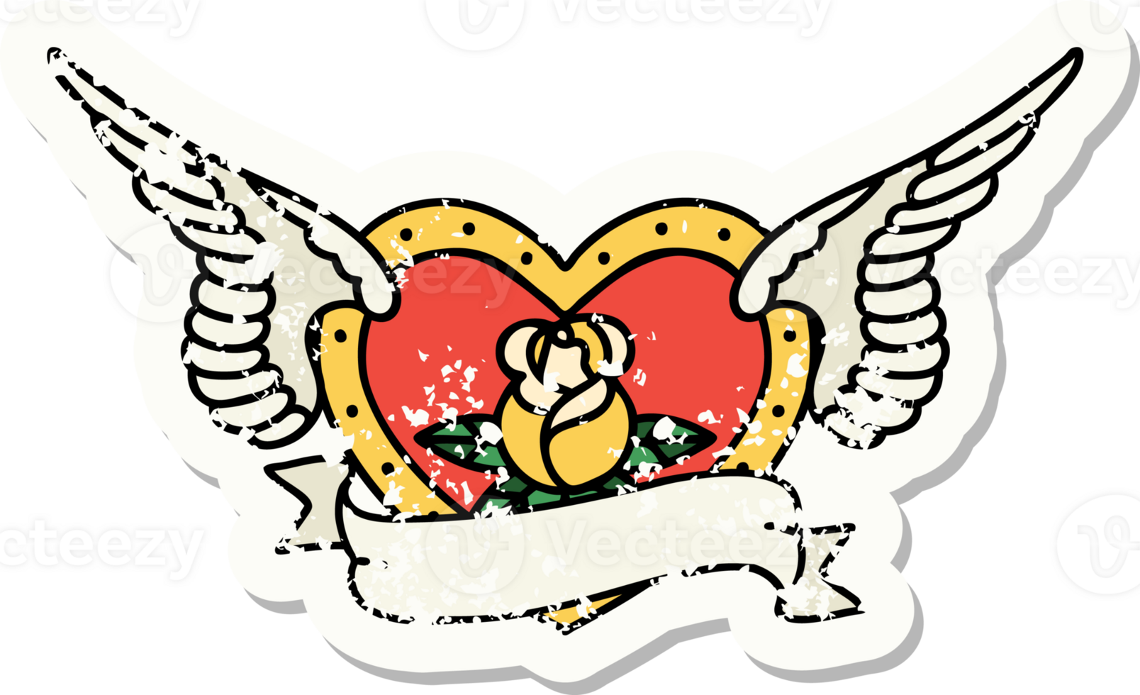 distressed sticker tattoo in traditional style of a flying heart with flowers and banner png