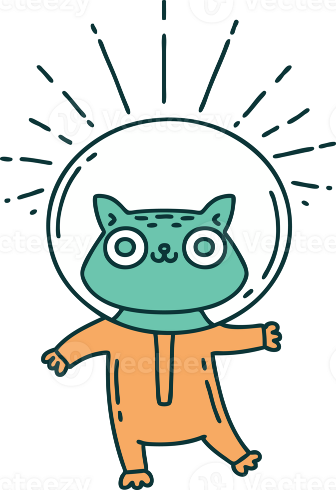 illustration of a traditional tattoo style cat in astronaut suit png