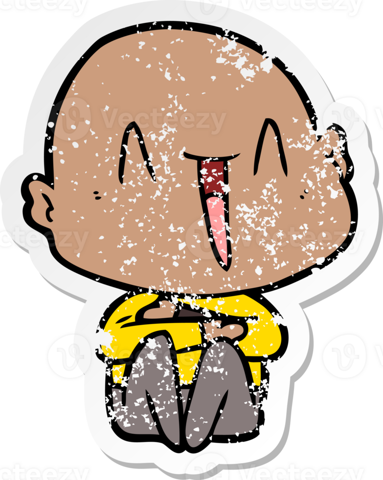 distressed sticker of a happy cartoon bald man png