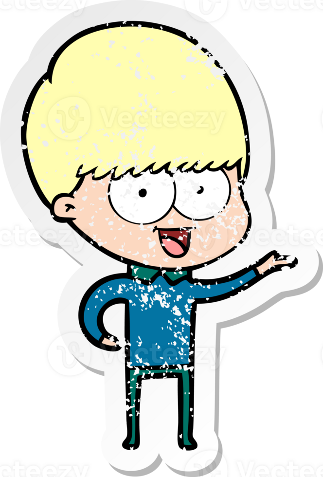 distressed sticker of a happy cartoon boy png