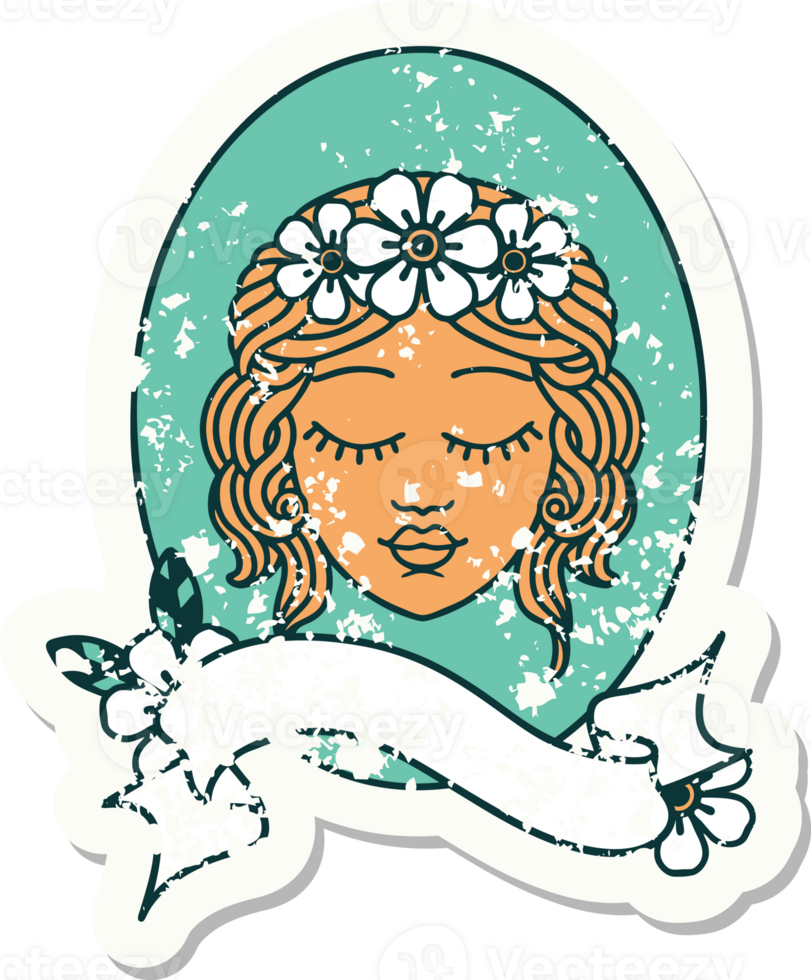 worn old sticker with banner of a maiden with eyes closed png