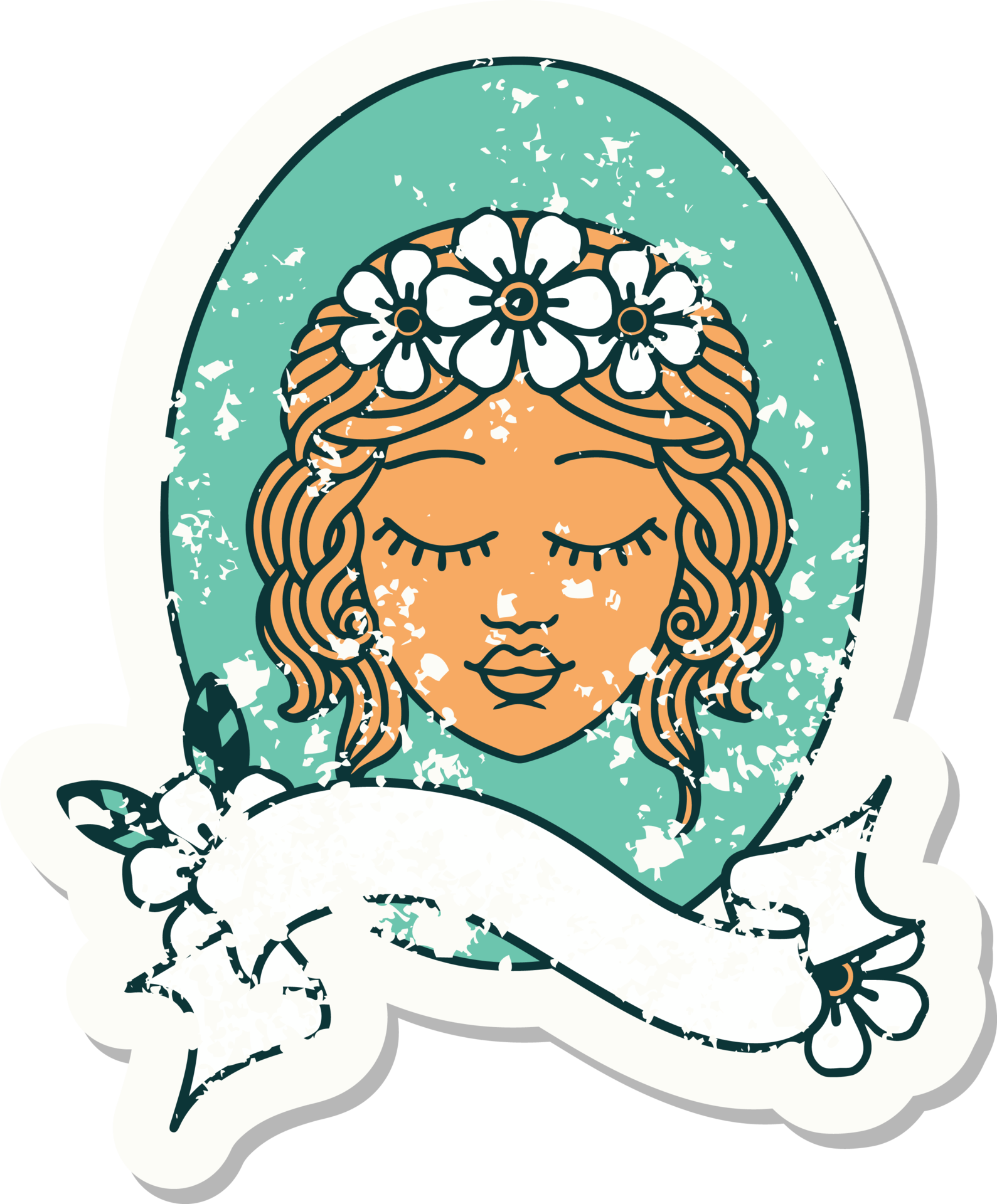 worn old sticker with banner of a maiden with eyes closed 39878057 PNG