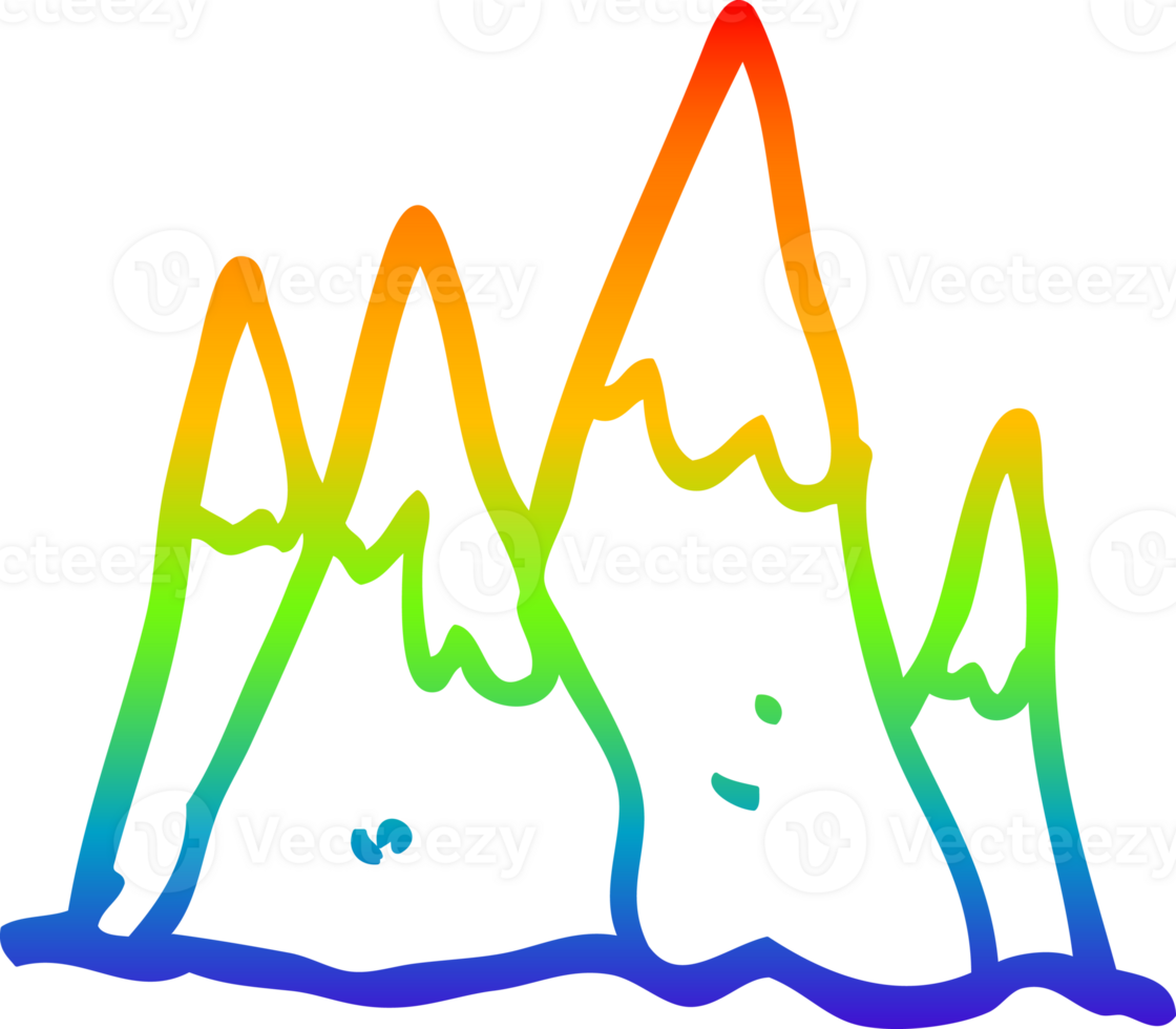 rainbow gradient line drawing of a cartoon mountain range png