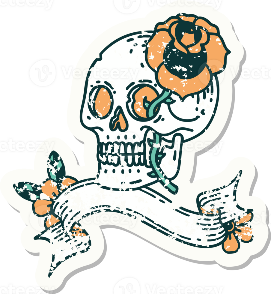 worn old sticker with banner of a skull and rose png