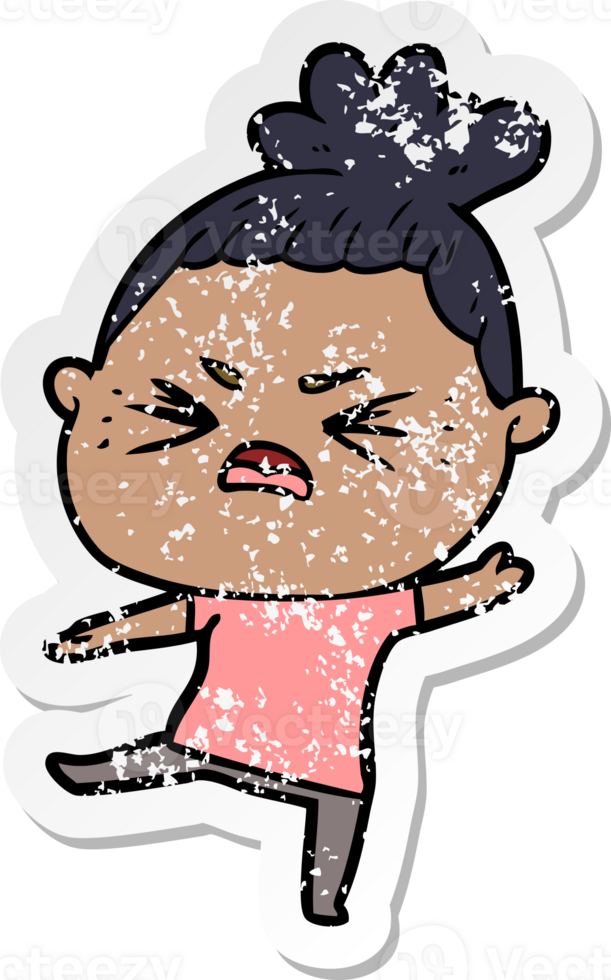 distressed sticker of a cartoon angry woman png