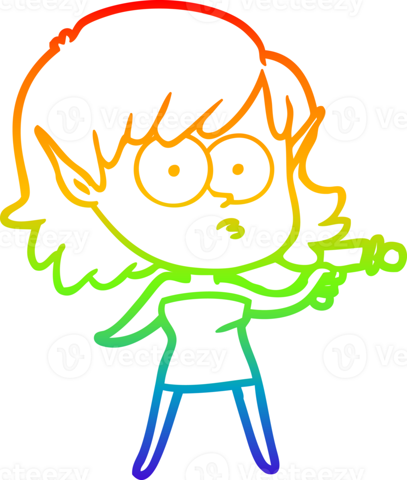 rainbow gradient line drawing of a cartoon elf girl with ray gun png