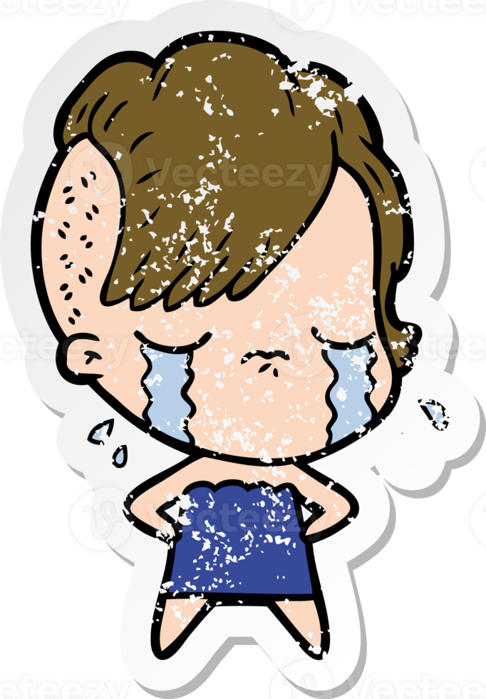 distressed sticker of a cartoon crying girl png