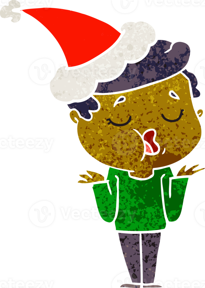 hand drawn retro cartoon of a man talking and shrugging shoulders wearing santa hat png
