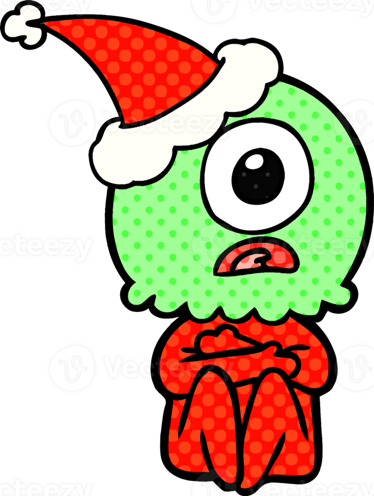 hand drawn comic book style illustration of a cyclops alien spaceman wearing santa hat png