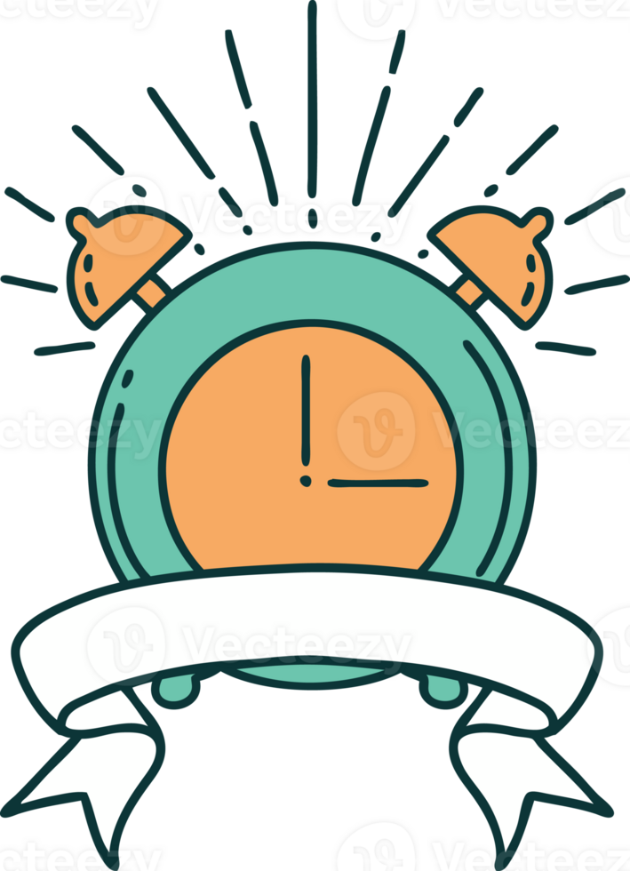 scroll banner with tattoo style ringing alarm clock png