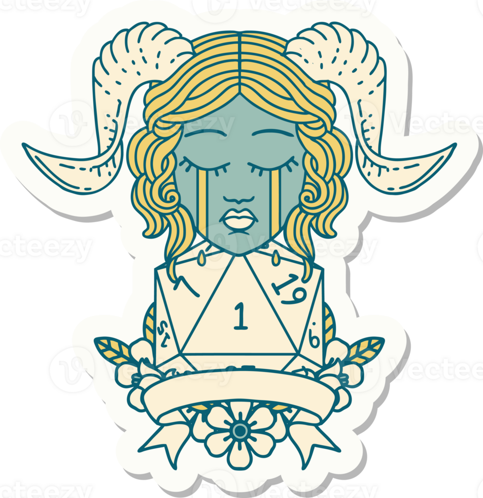 sticker of a crying tiefling face with natural 1 D20 Dice png