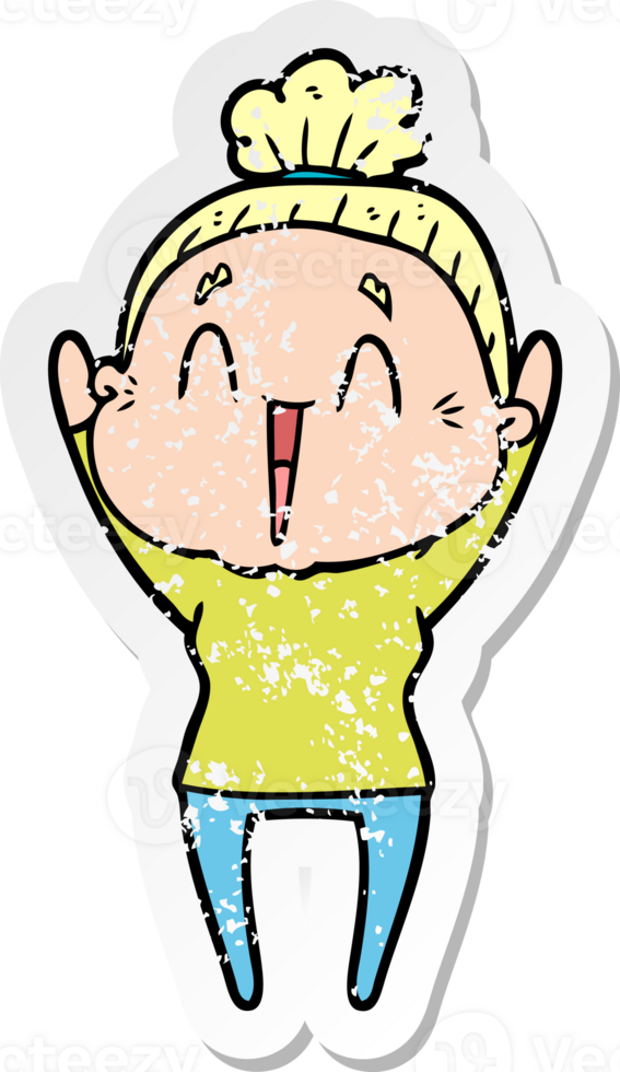 distressed sticker of a cartoon happy old lady png