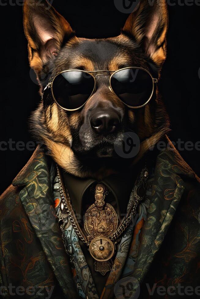 AI generated Dog, German Shepherd, dressed in a modern suit with jacket. Fashion portrait of an anthropomorphic photo