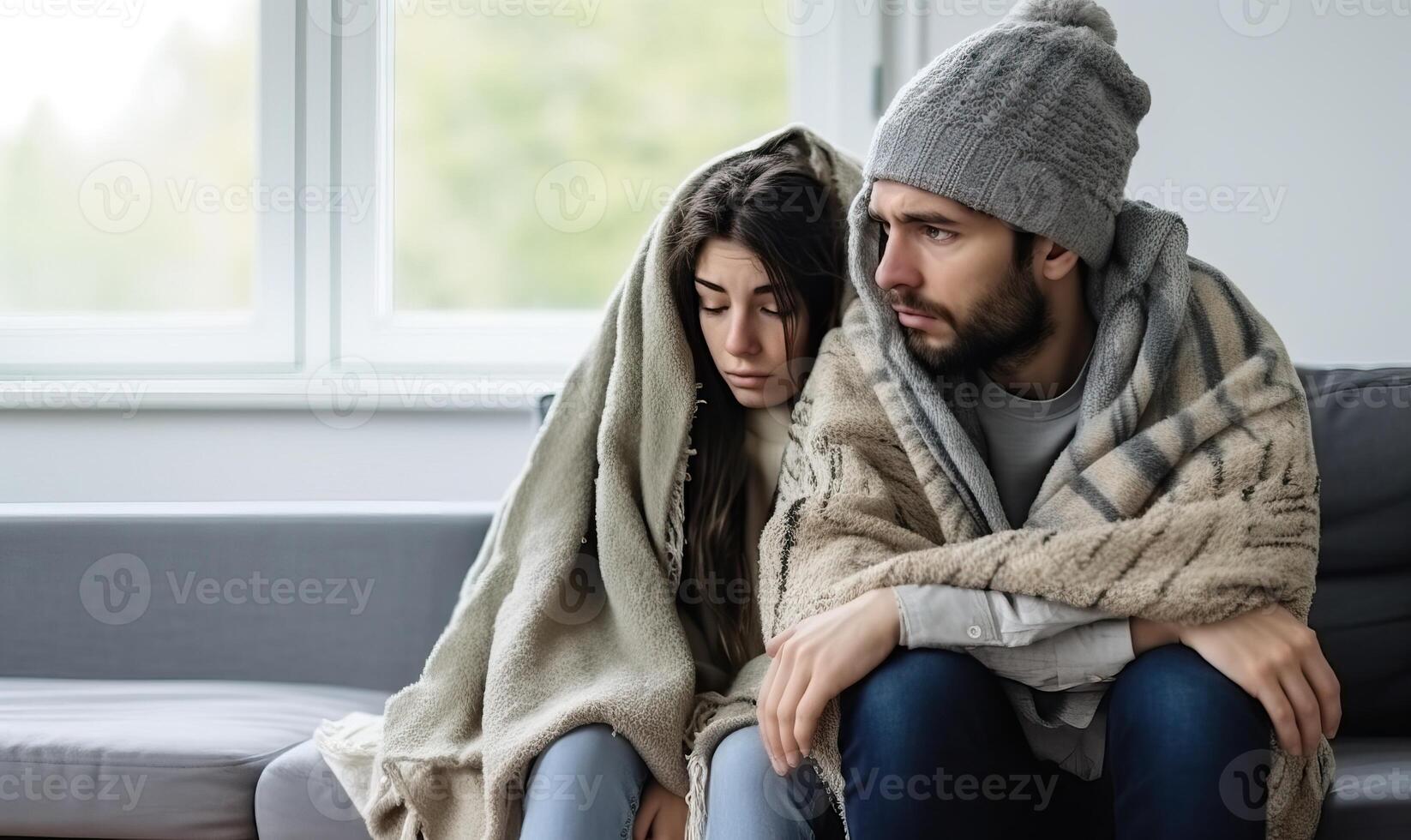 ai generado Pareja envuelto arriba calentar con Saco bufanda y sombrero se sentó en un sofá adentro, molesto a mantener calentar en invierno foto