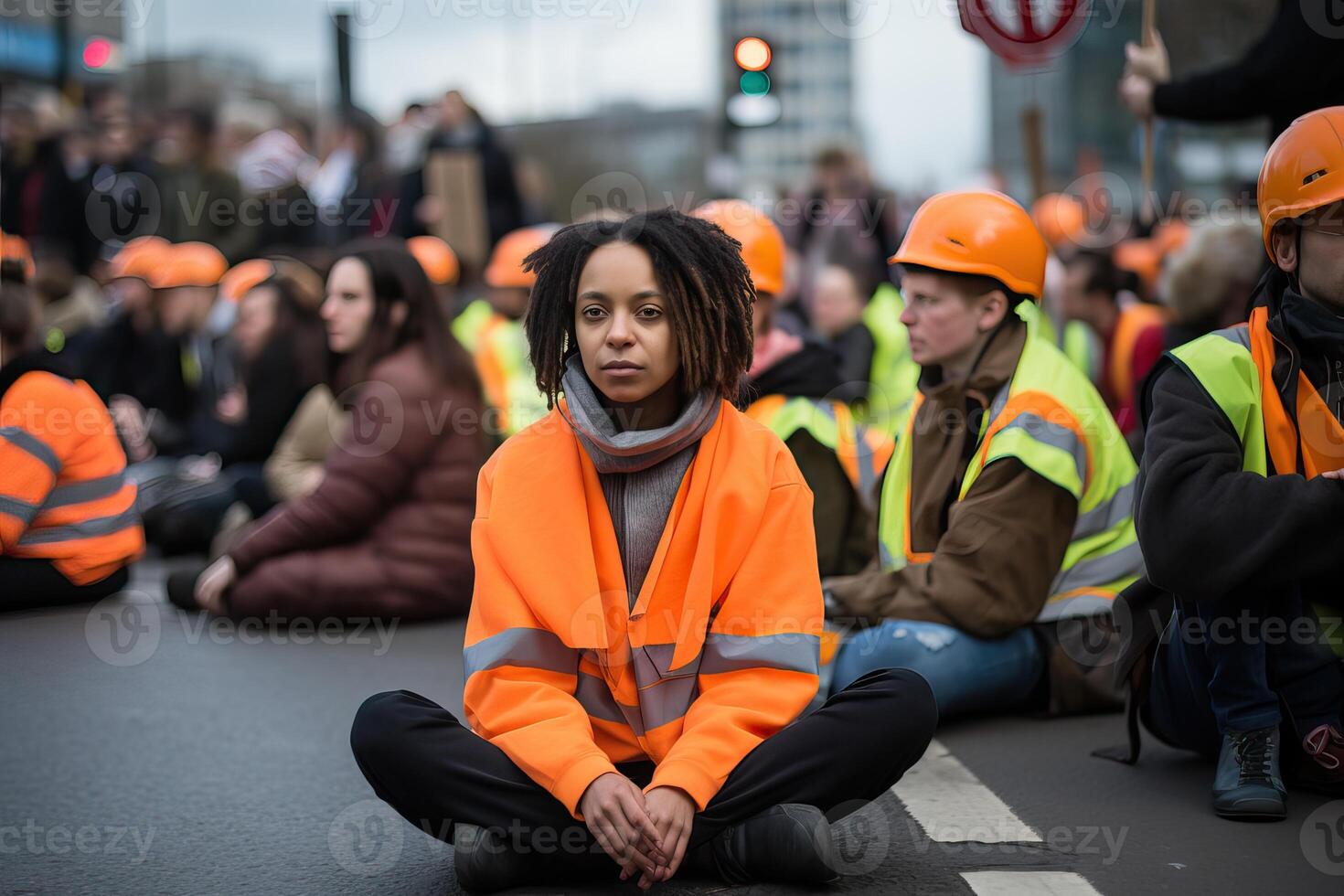 ai generado protesta activistas vistiendo Hola Vis amarillo naranja chaqueta sentar en un la carretera y bloquear tráfico, multitud de foto