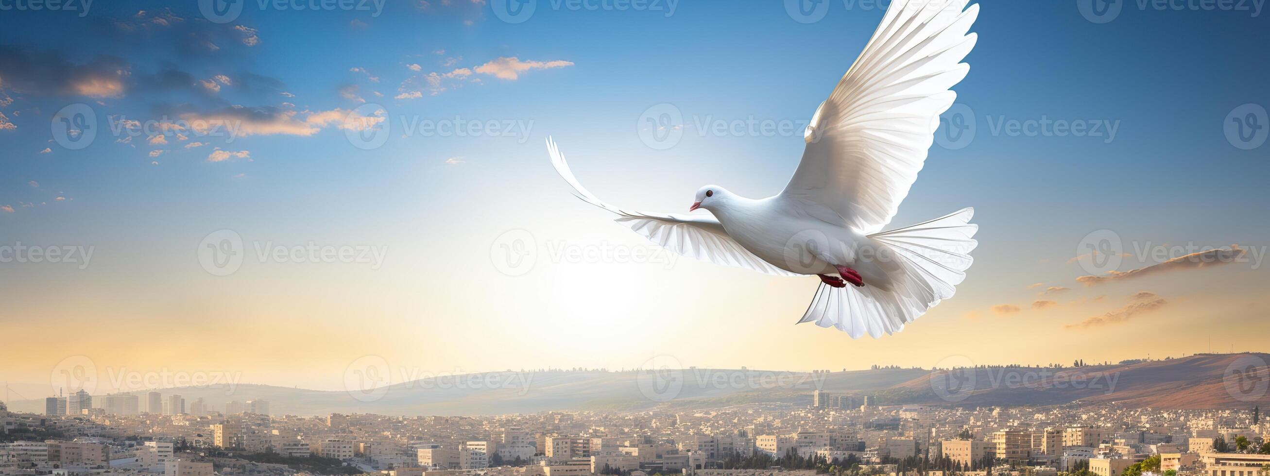 AI generated Spirit of god background banner panorama  White dove with wings wide open in the blue sky air with photo