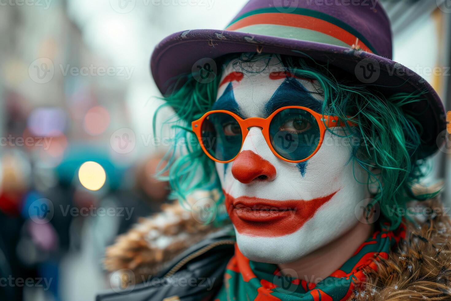 AI generated Joker on street , April Fools Poster design background - generative ai photo