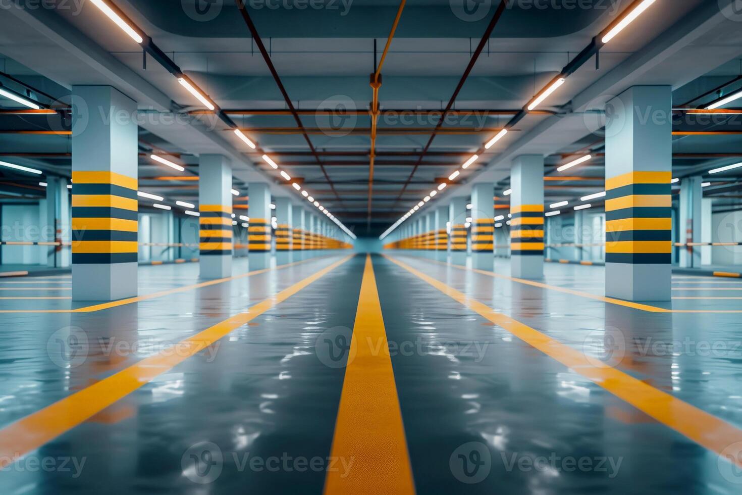 AI generated yellow line on Parking lot in the shopping mall building. Generative AI. photo