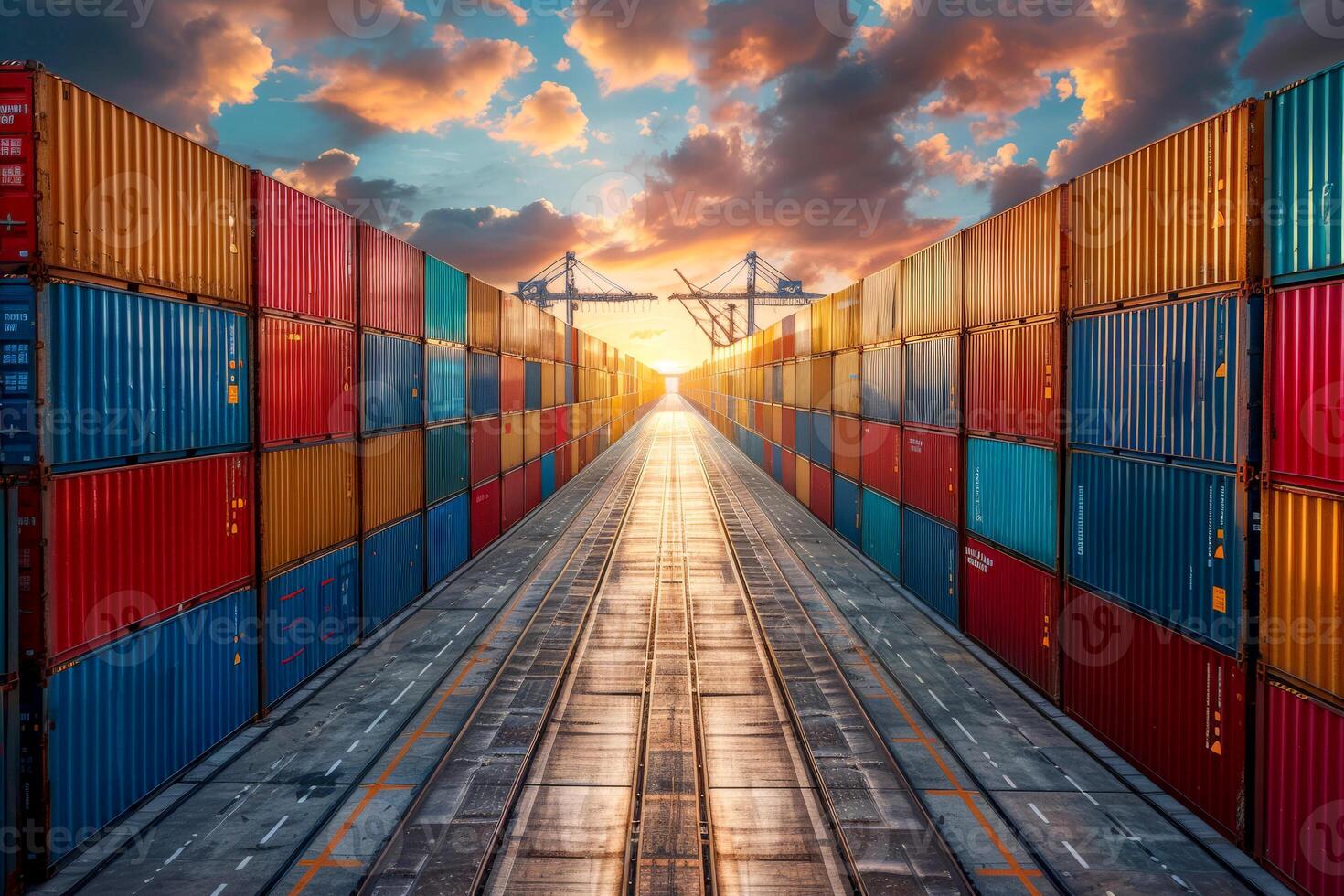 AI generated shipping containers in different colors. Transport business. Logistics import and export concept. Generative AI photo
