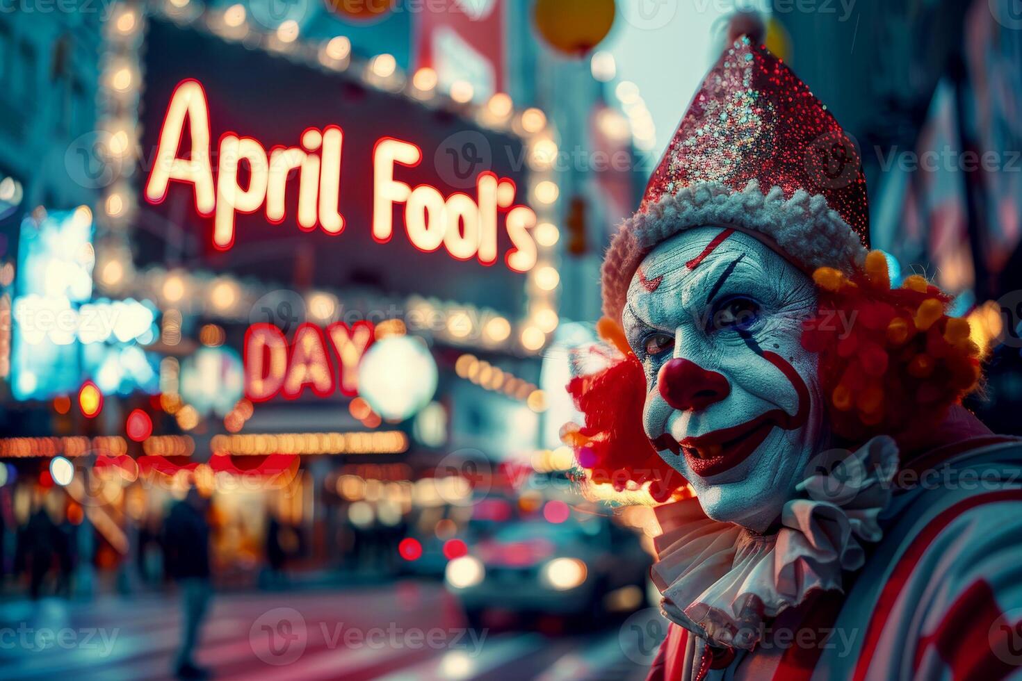 AI generated Joker on street , April Fools Poster design background - generative ai photo
