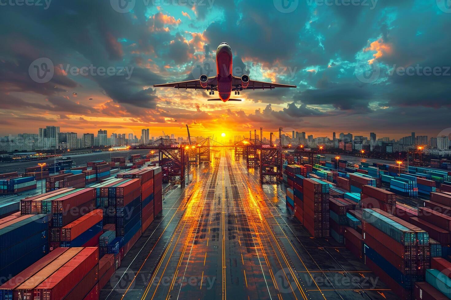 AI generated shipping containers in different colors. Transport business. Logistics import and export concept. Generative AI photo