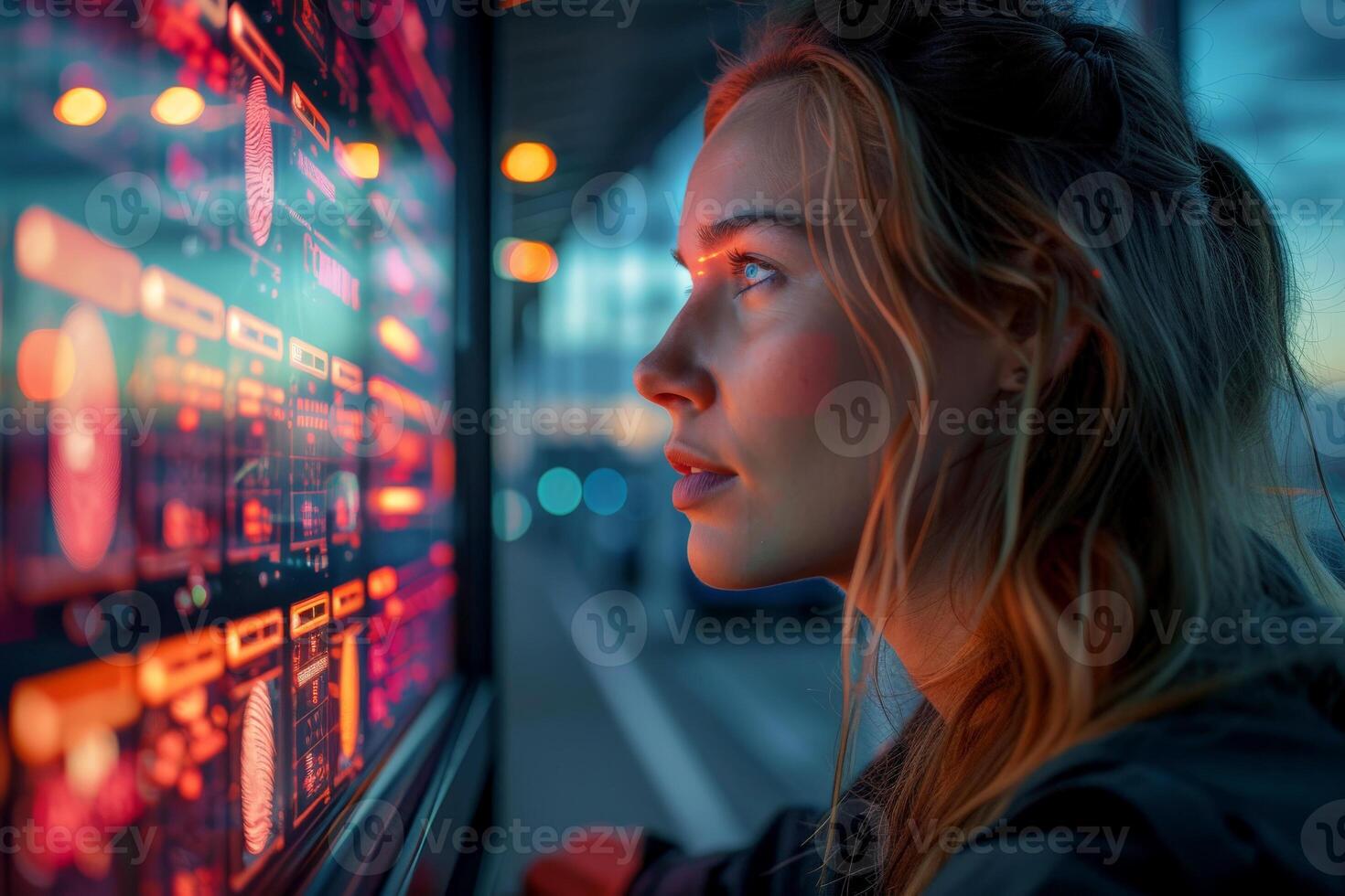 AI generated woman Eye scanning for payment with a biometric authentication , generative ai photo