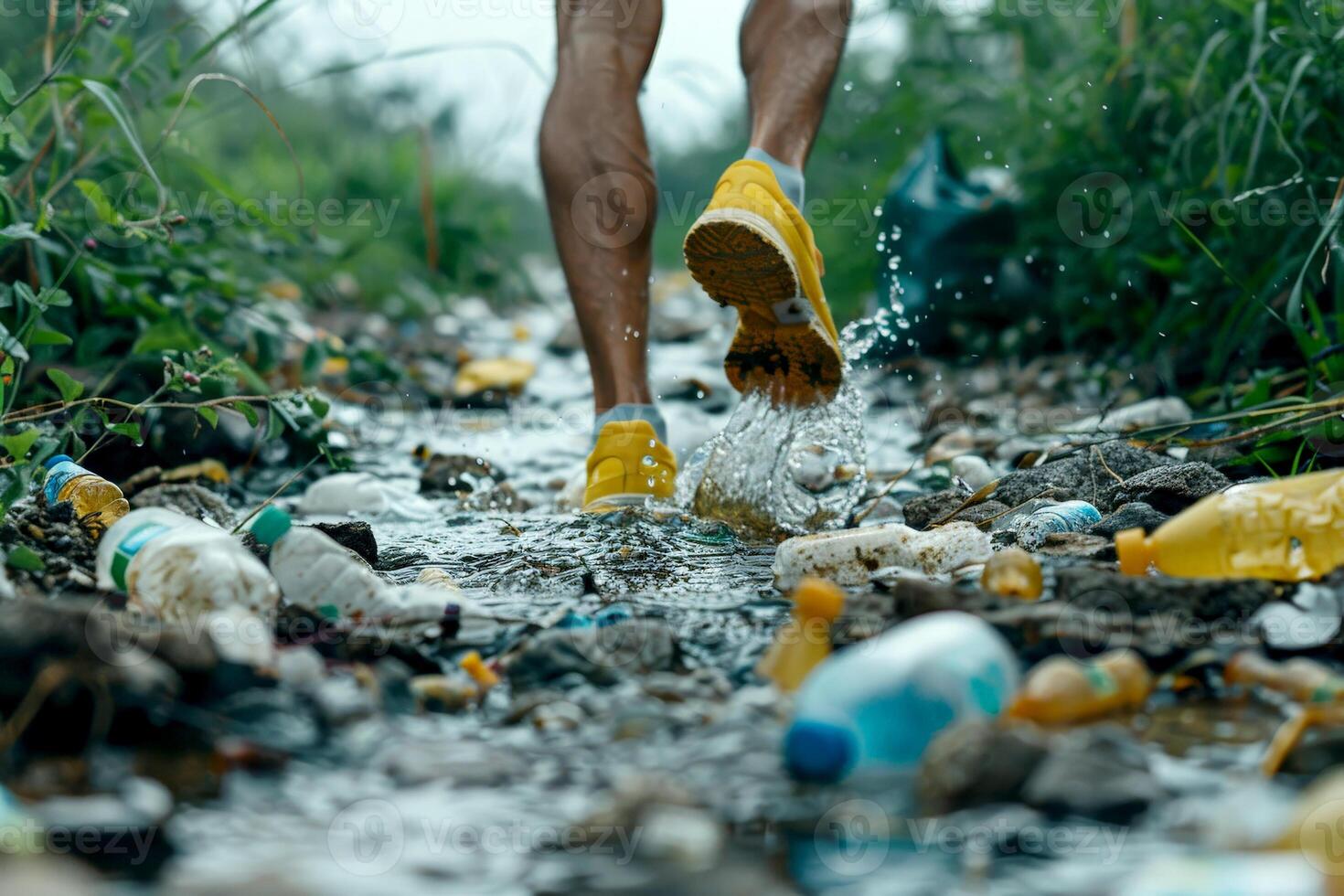 AI generated trial runner picking up trash , global environment pollution. Ai generated photo