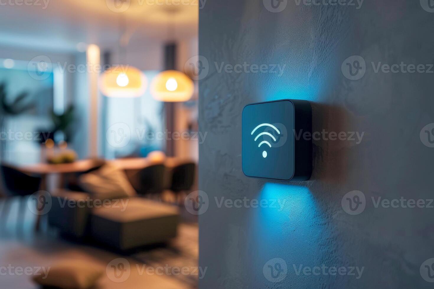 AI generated a wifi extender iot , blue wifi symbol, connected smart home.ai generative photo
