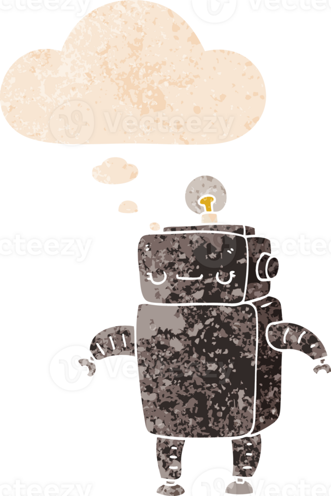 cartoon robot and thought bubble in retro textured style png