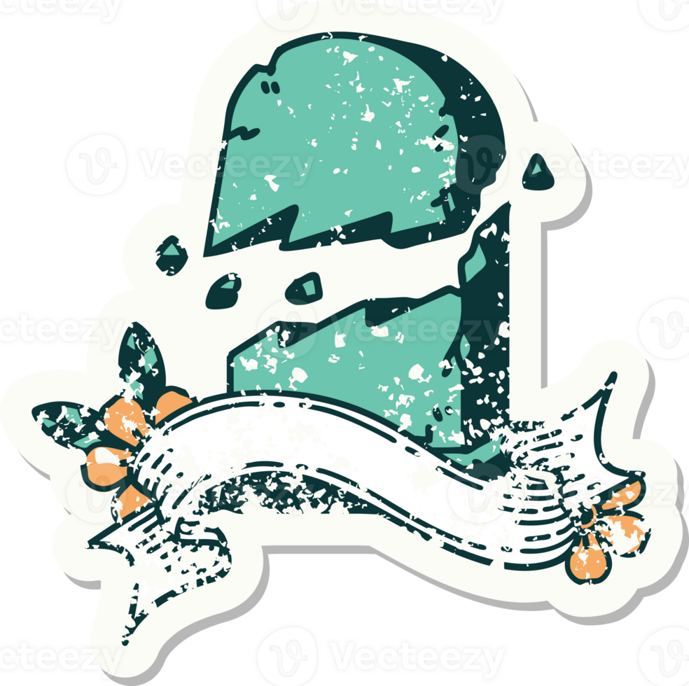 grunge sticker with banner of a broken grave stone png