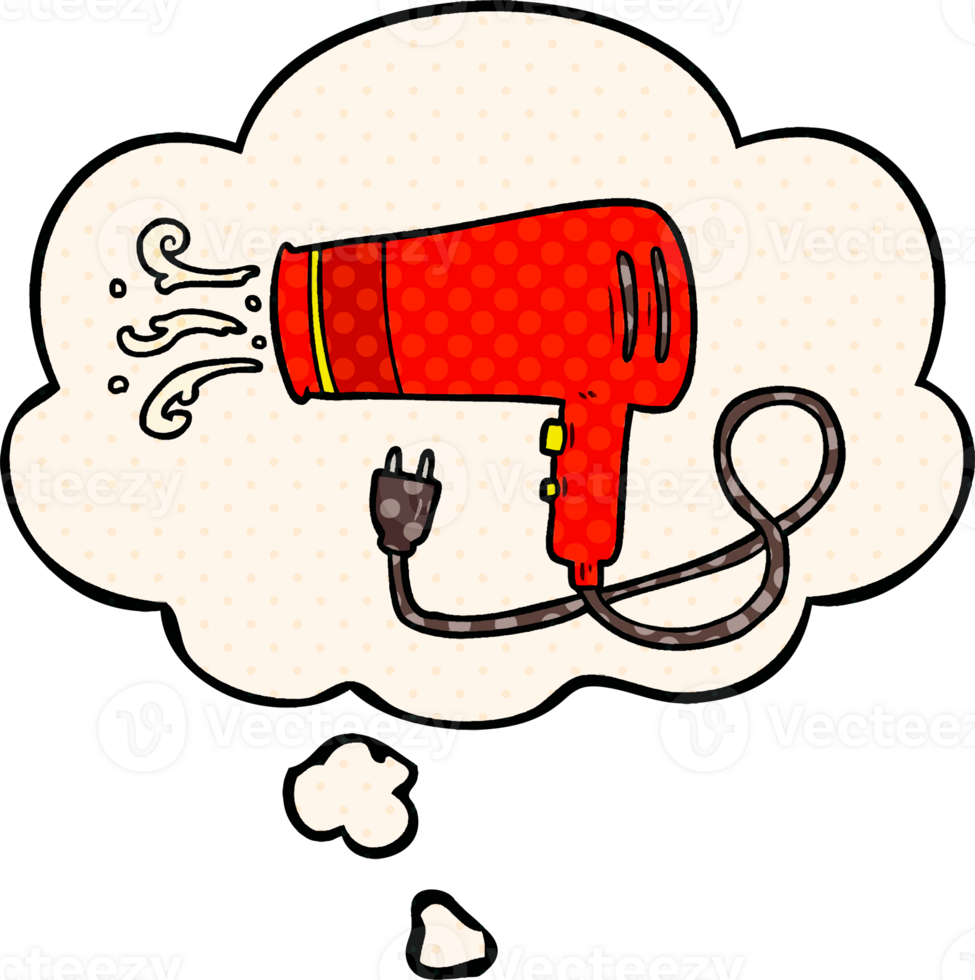 cartoon electric hairdryer and thought bubble in comic book style png