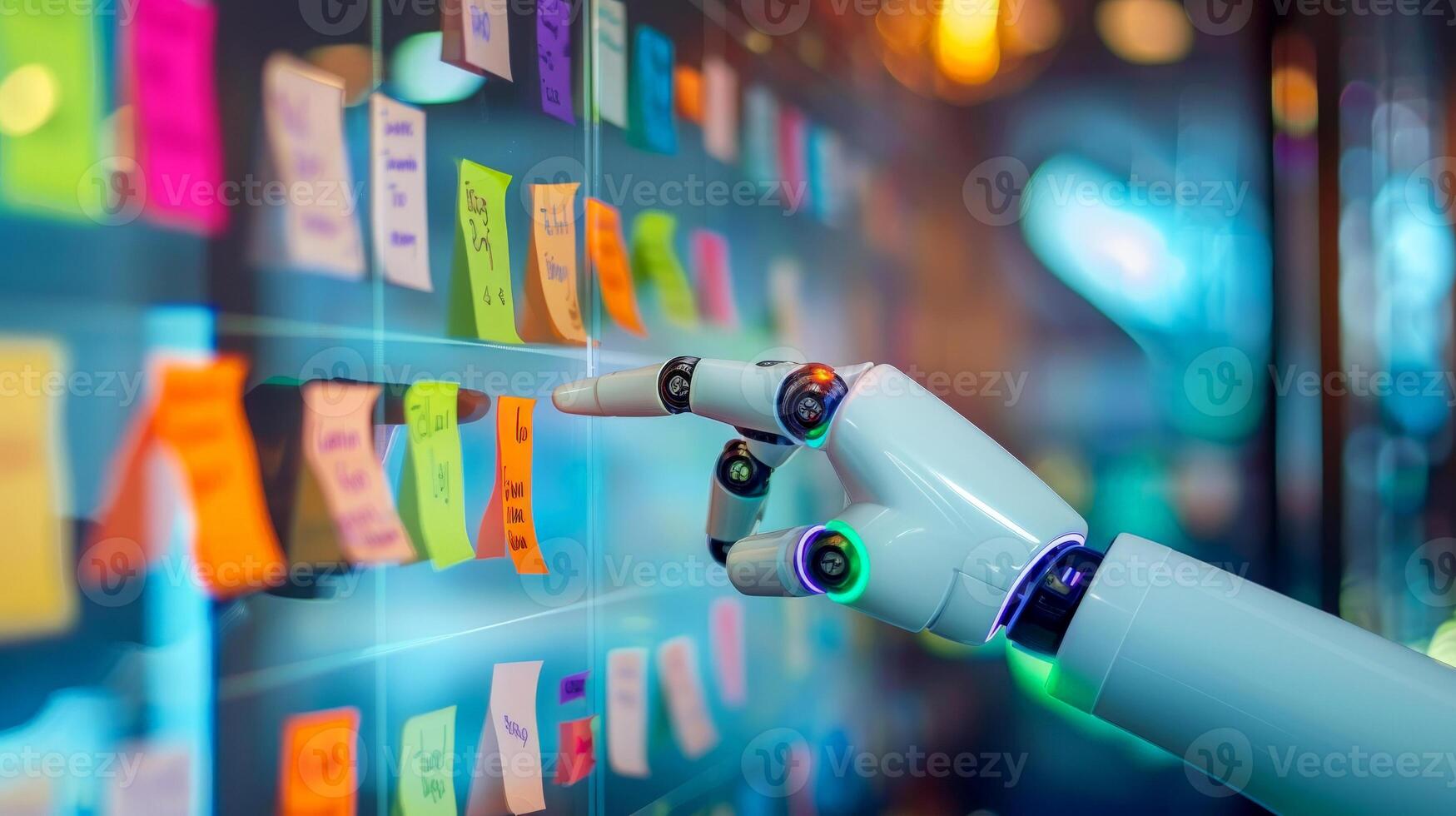 AI generated Agile software development scrum methodology boards. workflow, robot Finger touching virtual interface.AI generative photo