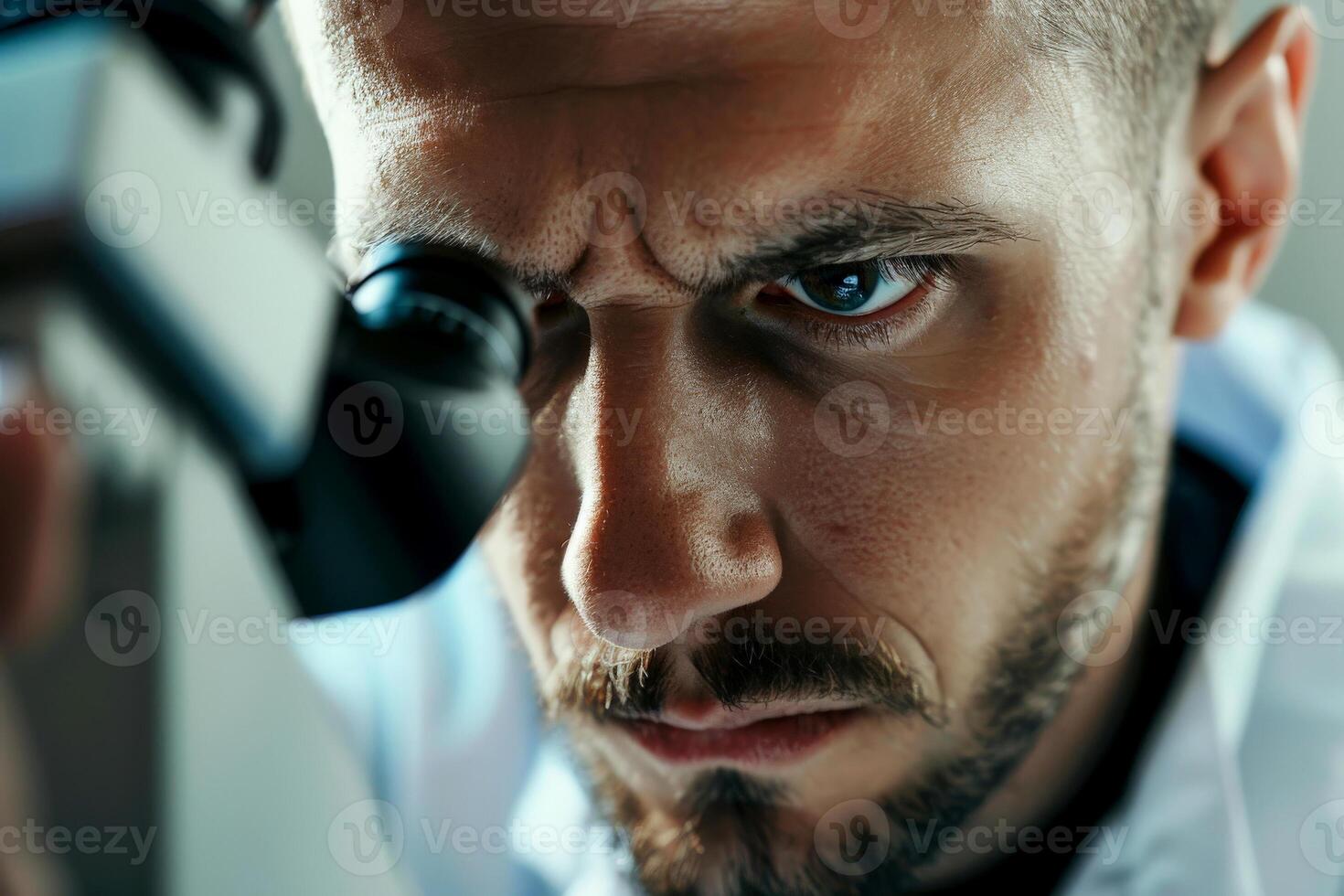 AI generated man scientist at work in the evening looking into a microscope,. generative ai photo