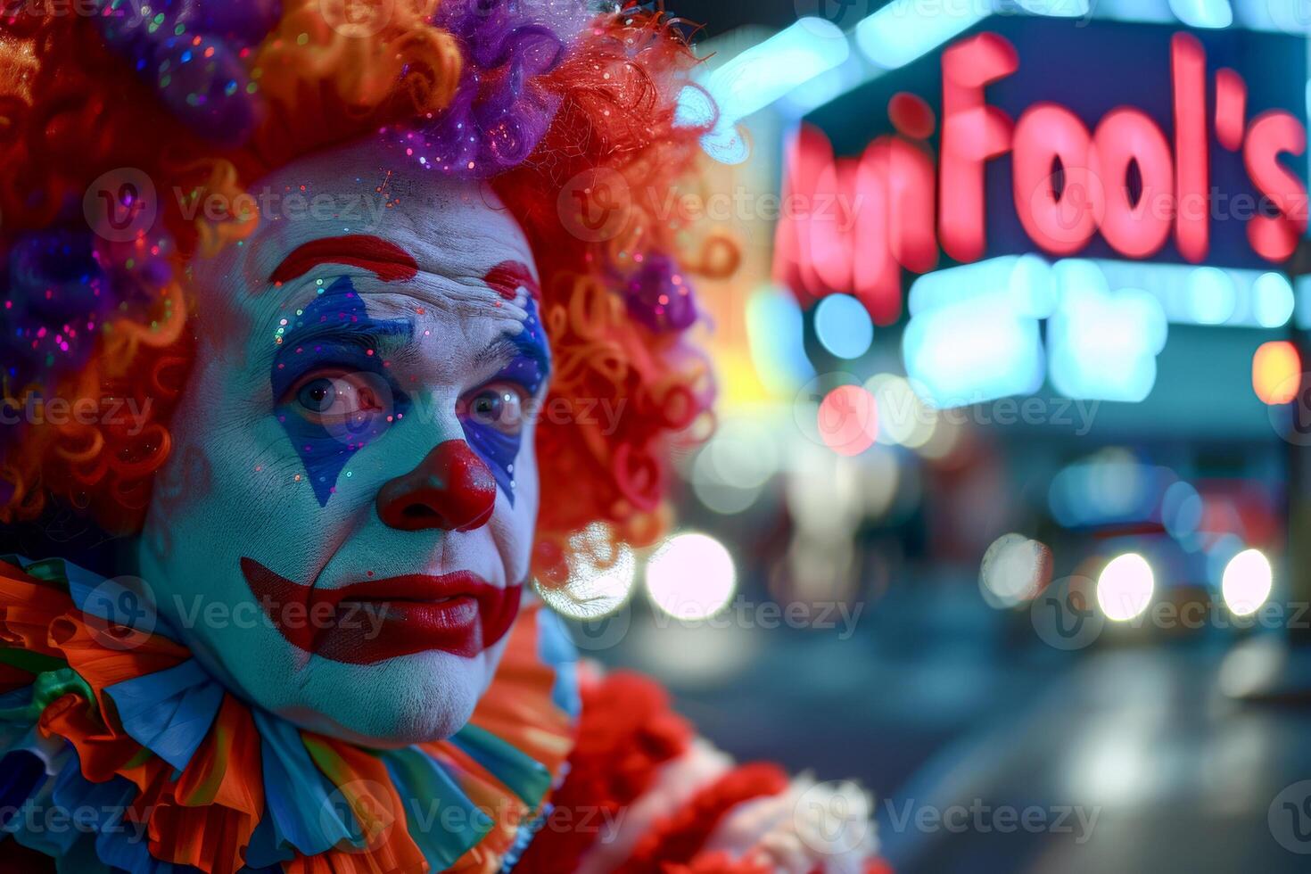 AI generated Joker on street , April Fools Poster design background - generative ai photo