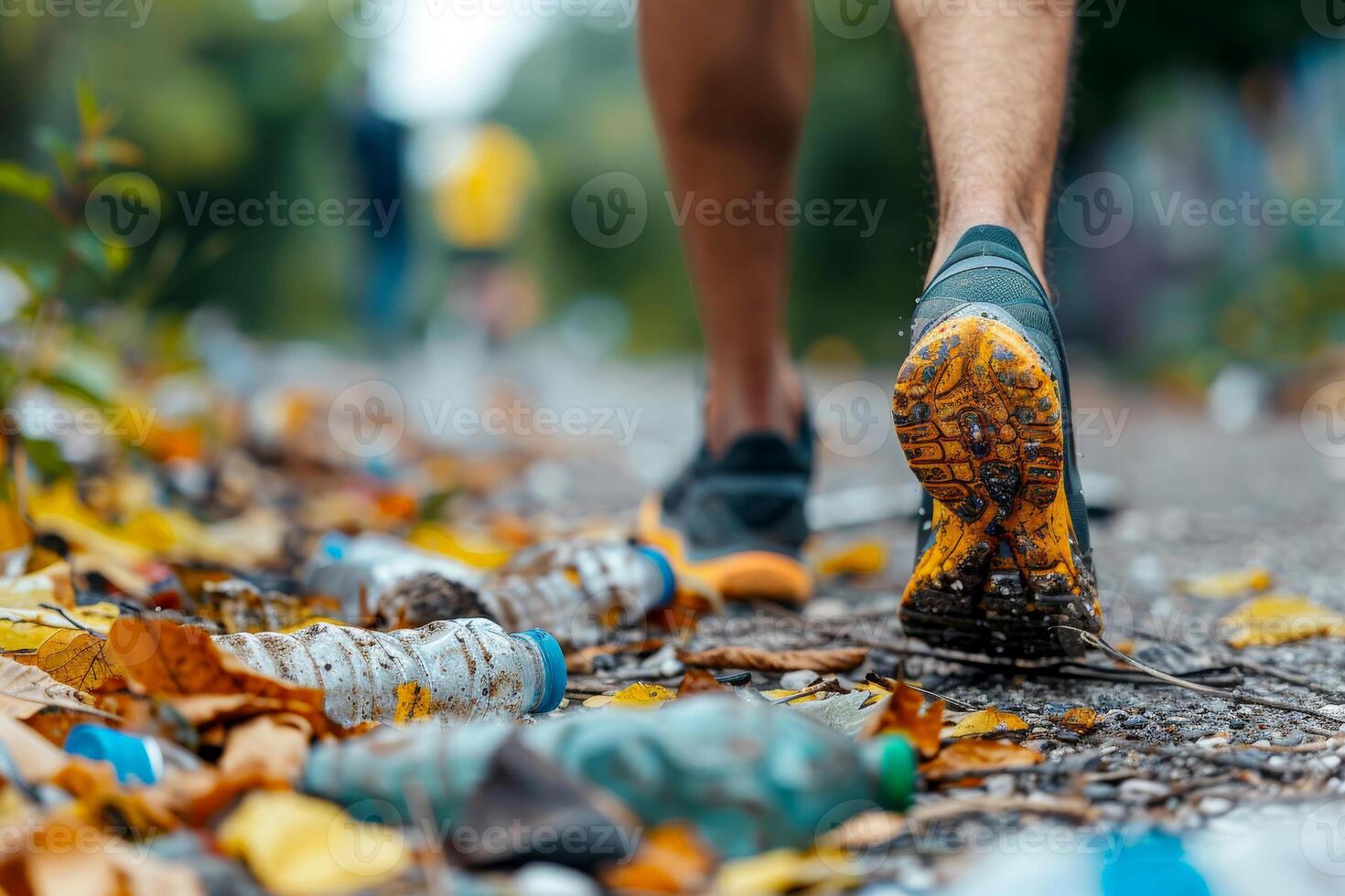 AI generated trial runner picking up trash , global environment pollution. Ai generated photo